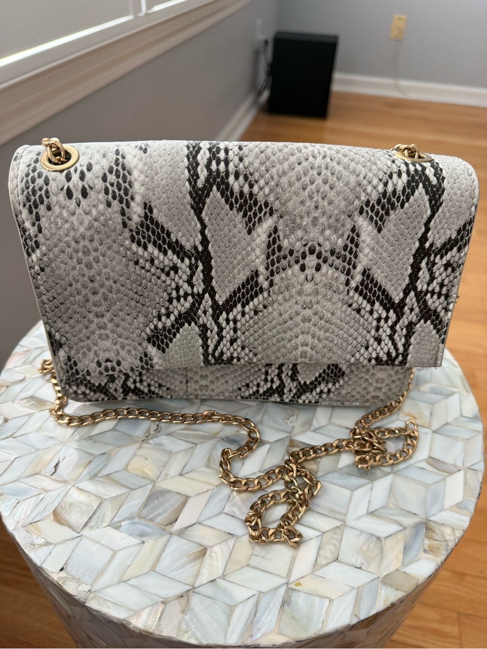 Snake-Print Chain Shoulder Bag in Black & White
